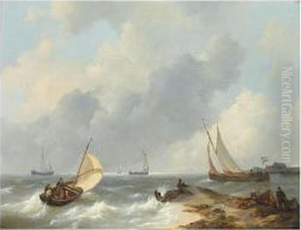 Shipping In High Seas Oil Painting by Johannes Christian Schotel