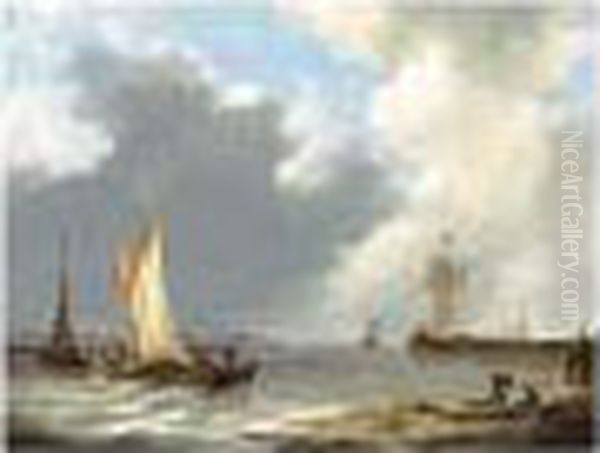 Sailing Vessels In An Estuary Oil Painting by Johannes Christian Schotel