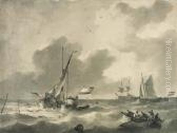 Dutch Shipping Near A Jetty In A Fresh Breeze by Johannes Christian Schotel