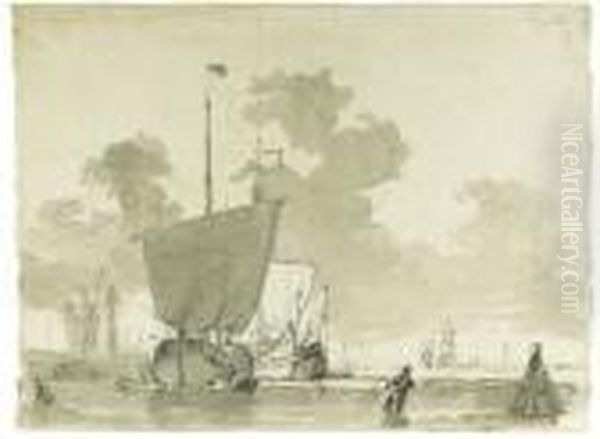 Shipping In A Calm (recto); A Sketch Of Clouds (verso) Oil Painting by Johannes Christian Schotel