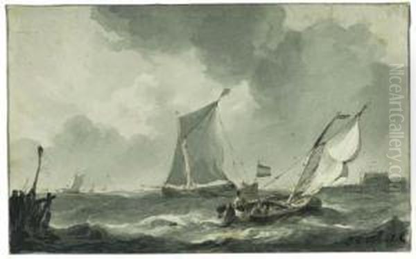 Coastal Craft In A Stiff Breeze Oil Painting by Johannes Christian Schotel