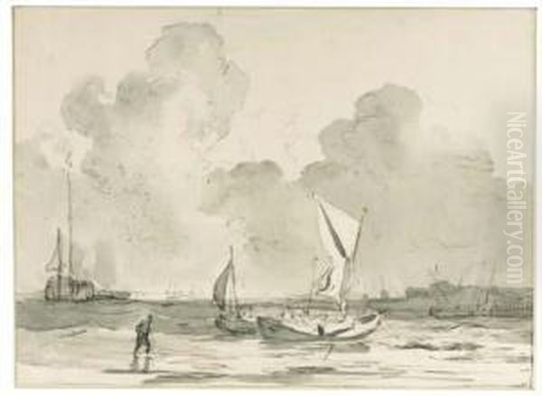 Sailing Vessels In A Bay (recto); And A Study Of Boats(verso) Oil Painting by Johannes Christian Schotel