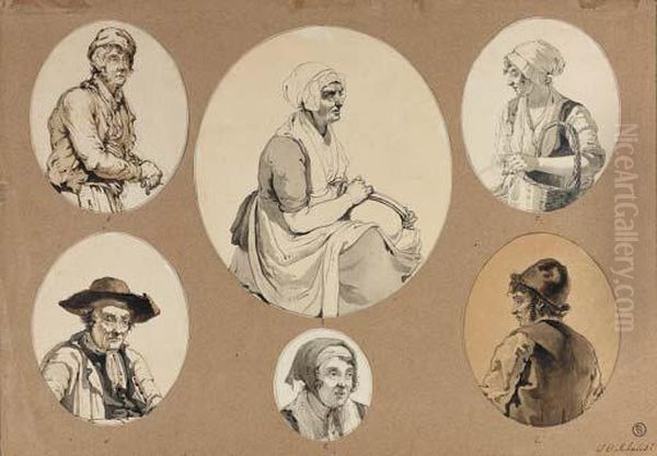 Six Figure Studies; Three Of Men, Three Of Woman Oil Painting by Johannes Christian Schotel