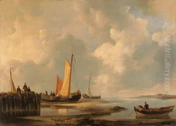 Figures At The Shore Oil Painting by Johannes Christian Schotel