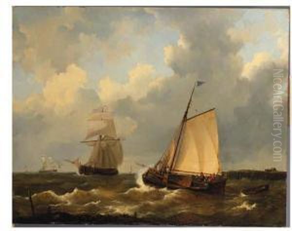 Busy Shipping Lanes Off The Dutch Coast Oil Painting by Johannes Christian Schotel