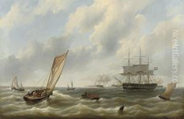 A Squadron Of Dutch Warships Setting Out To Sea, Vlissingen In The Distance Oil Painting by Petrus Jan Schotel