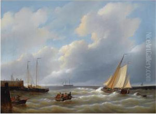 Shipping Near A Harbour, A Three Master In The Distance Oil Painting by Petrus Jan Schotel