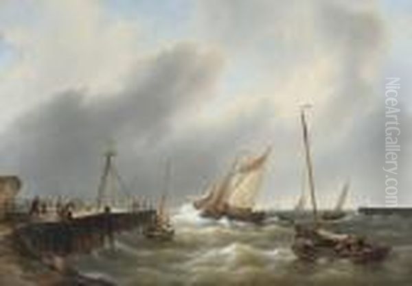 Shipping Off A Jetty Oil Painting by Petrus Jan Schotel