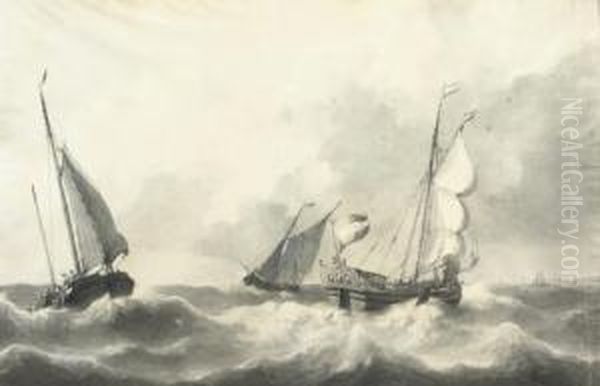 Shipping On A Choppy Sea Oil Painting by Petrus Jan Schotel