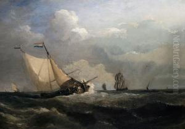 Dutch Fishing Boats In A Swell Oil Painting by Petrus Jan Schotel