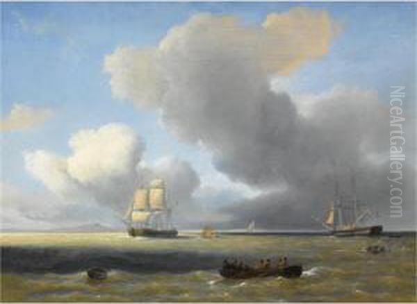 Shipping In A Calm Oil Painting by Petrus Jan Schotel