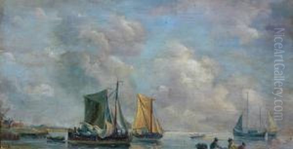 Shipping In An Estuary Oil Painting by Petrus Jan Schotel