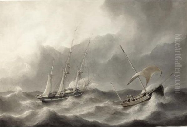 A Three-master And A Sailing Boat In Stormy Waters Oil Painting by Petrus Jan Schotel