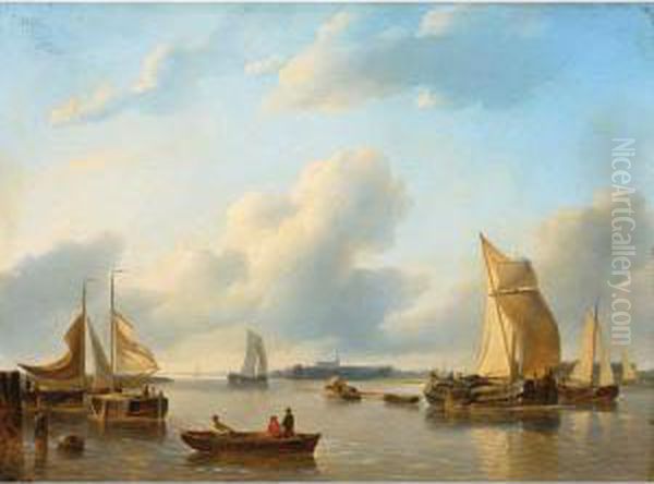 A River Landscape With Sailing Vessels Oil Painting by Petrus Jan Schotel