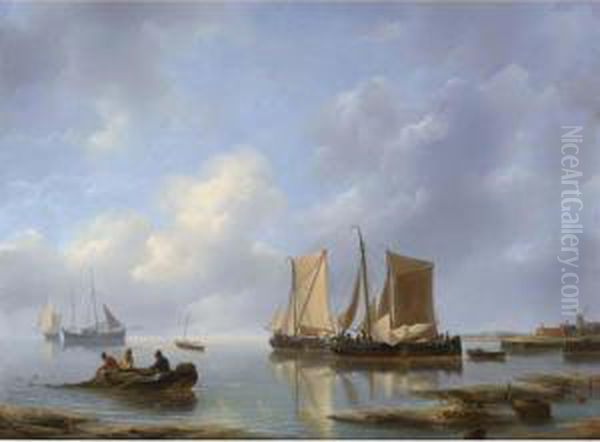 Shipping In An Estuary Oil Painting by Petrus Jan Schotel