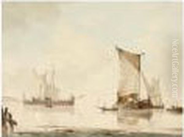 Schipping In An Estuary Oil Painting by Petrus Jan Schotel