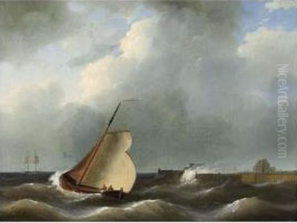 A Coastal Landscape With A Fishing Boat Oil Painting by Petrus Jan Schotel