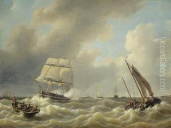 A Three-master On A Choppy Sea Oil Painting by Petrus Jan Schotel