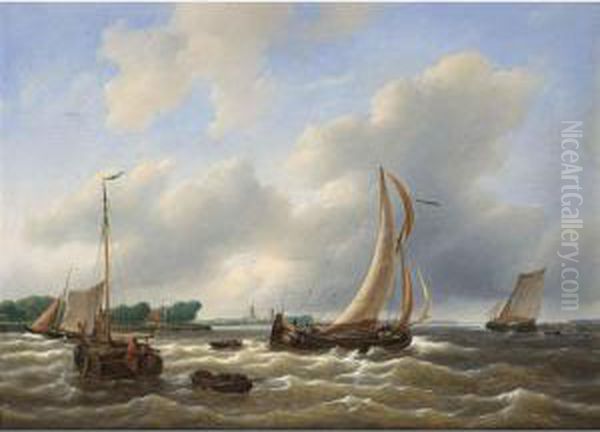 Sailing Vessels On The Zuiderzee Oil Painting by Petrus Jan Schotel