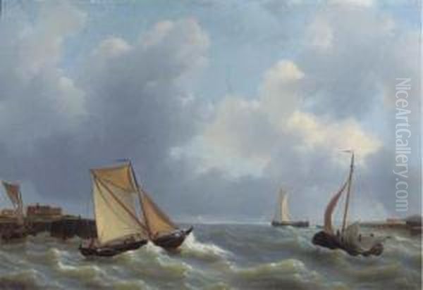 Busy Shipping By A Jetty Oil Painting by Petrus Jan Schotel