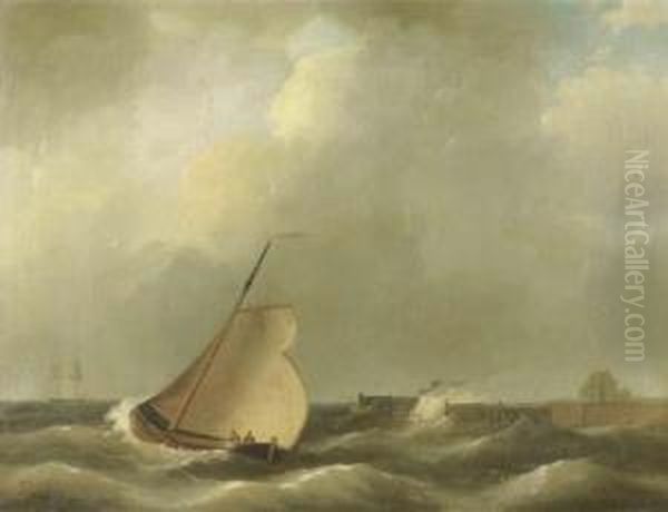 Sailing Vessels On Choppy Water By A Coast Oil Painting by Petrus Jan Schotel