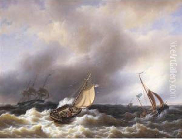 Sailing Vessels In Rough Seas Oil Painting by Petrus Jan Schotel