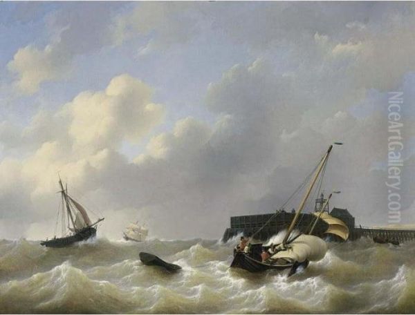 Shipping In Choppy Waters Oil Painting by Petrus Jan Schotel