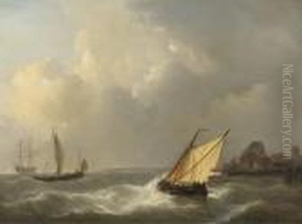 Sailing Vessels Off The Coast On Choppy Waters Oil Painting by Petrus Jan Schotel