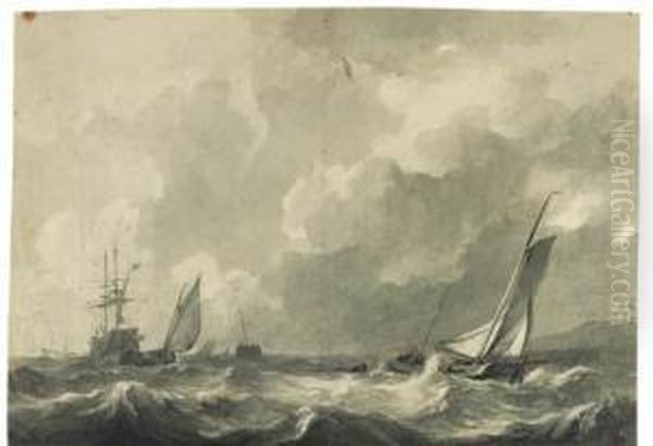 Shipping On A Choppy Sea Near The Coast Oil Painting by Petrus Jan Schotel