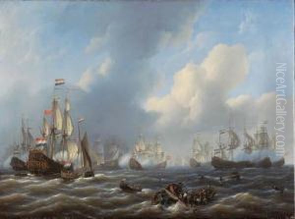 The Battle Of Kamperduin, 1799 Oil Painting by Petrus Jan Schotel