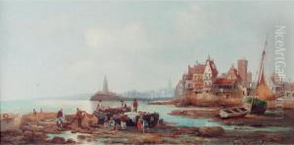 Study Of A Continental Coastal Town At Low Tide Oil Painting by Anton Schoth