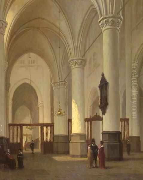 A church interior with figures conversing Oil Painting by Jan-Baptiste Tetar van Elven