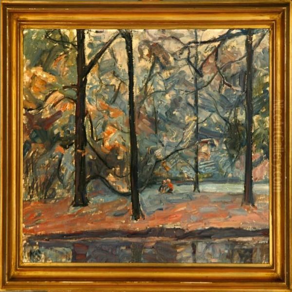 A Autumn Forest Scene With Playing Children Oil Painting by Carl Schou