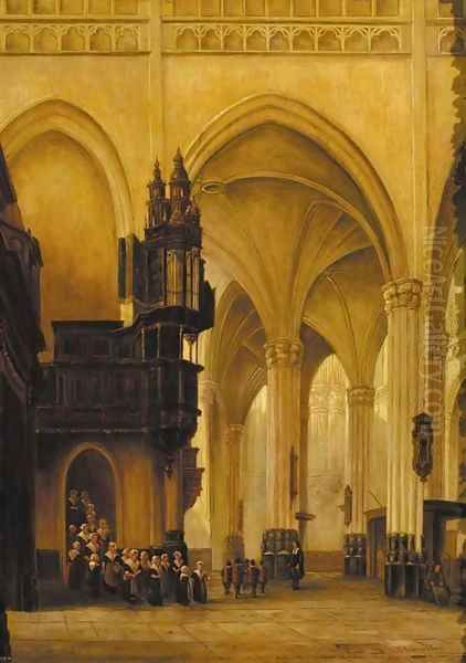 A church interior with figures Oil Painting by Jan-Baptiste Tetar van Elven