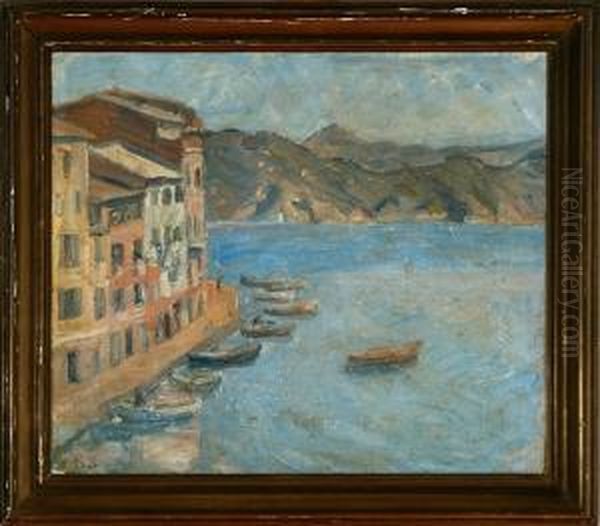 Houses At Portofino Harbour Oil Painting by Carl Schou