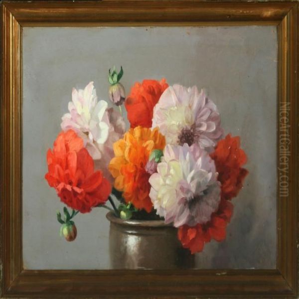 Still Life With Dahlia In A Pot Oil Painting by Peter Johan Schou