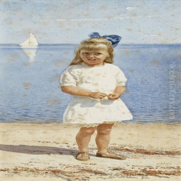 Girl I A White Summer Dressand Blue Bow Standing On The Beach Oil Painting by Peter Johan Schou