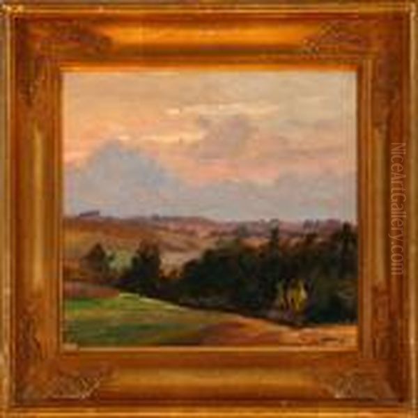 Overlooking A Hilly Landscape At Sunset Oil Painting by Sigurd Solver Schou