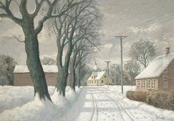 Village Scene In The Snow Oil Painting by Sigurd Solver Schou