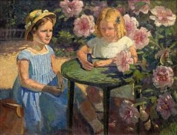 Playing Girl In The Garden Oil Painting by Henrik Schouboe