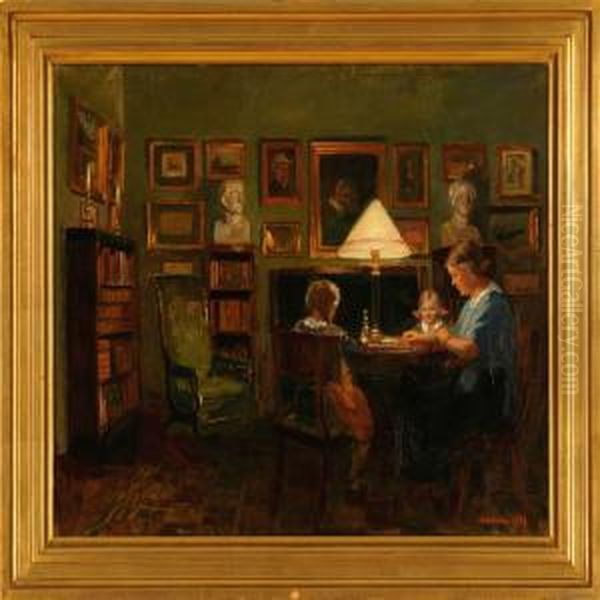 Interior With A Mother And Her Two Daughters Playing Ludo Oil Painting by Henrik Schouboe