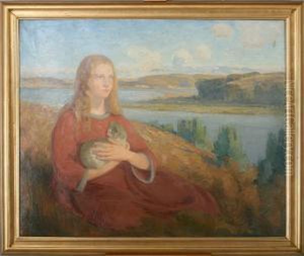 Girl With A Cat Seated In A Landscape Oil Painting by Henrik Schouboe