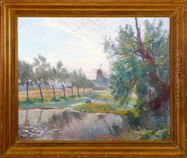 A Landscape Scenery With A Wind Mill Oil Painting by Henrik Schouboe