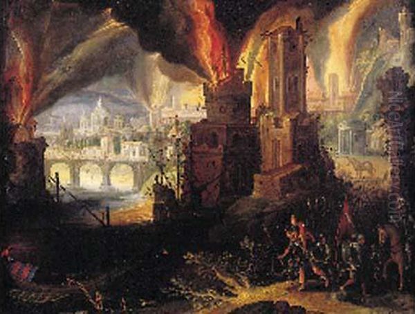 Scene De Nuit Avec Un Incendie De Ville Oil Painting by Pieter Schoubroeck