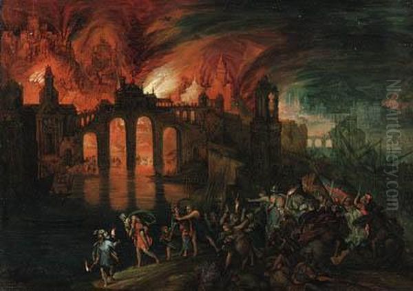 Aeneas Rescuing His Father From The Burning City Of Troy Oil Painting by Pieter Schoubroeck