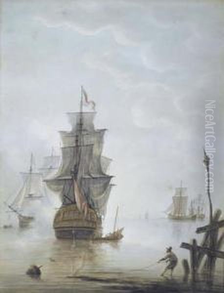 Marine With Large Sailing Ship. Oil Painting by Martinus Schouman