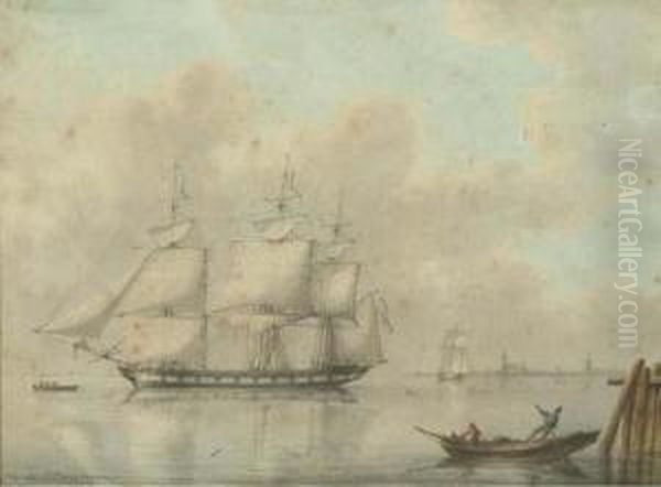 Three-master On A Calm; And Three-masters On A Choppy Sea Oil Painting by Martinus Schouman