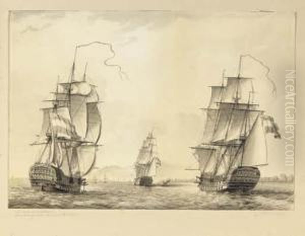 De Reede Van Batavia: Three-masters Off The Coast Of Batavia Oil Painting by Martinus Schouman