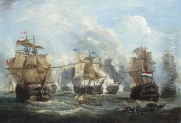 The English Flagship Venerable 
Engaging The Dutch Flagship Vrijheidat The Battle Of Camperdown, 11th 
October 1797; The Dutch Shipsstaten-generaal And Admiral De Vries To The
 Left And Rightrespectively Oil Painting by Martinus Schouman