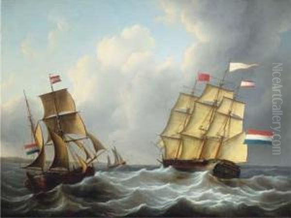 The Threemaster 'louisa Prinses Der Nederlanden' In Full Sail Oil Painting by Martinus Schouman